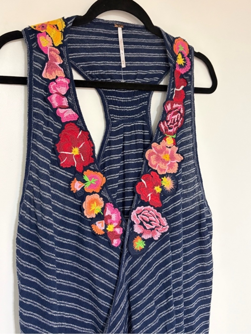 Free People Floral Embroidered Blue Stripe Frida Tank Top